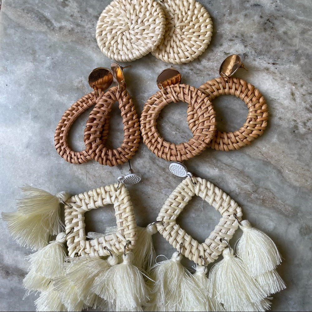 Bundle of 4 raffia woven post earrings with gold accent